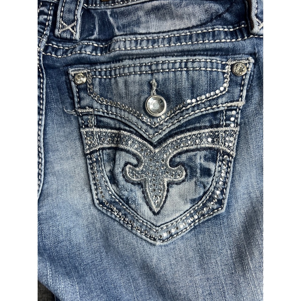Rock Revival Greer Bootcut Jeans Women 26 Medium Wash Rhinestone Fleur De Lis - Picture 4 of 16